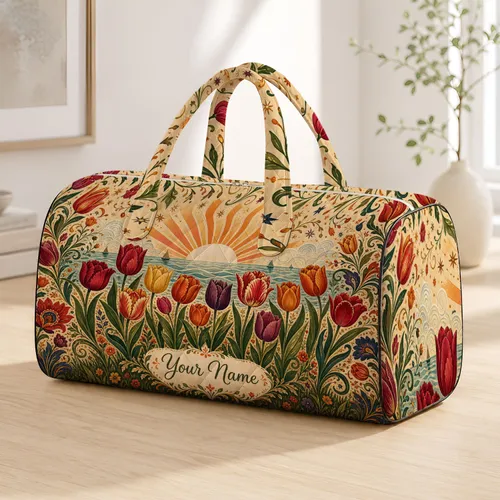 Vibrant Tulip Meadow Sea Sunrise Folk Botanical Thanksgiving Travel Gift For Her Quilted Weekend Bag