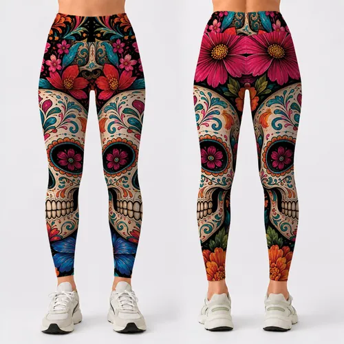 Sugar Skull Tropical Floral Fiesta Art For Day Of The Dead Yoga And Festival Style Leggings