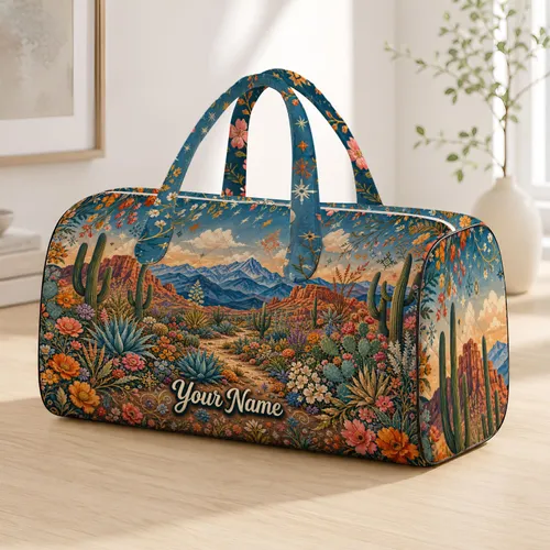 Southwestern Desert Cactus Wildflowers Name Script Scenic Spring Getaway Style For Her Quilted Weekend Bag
