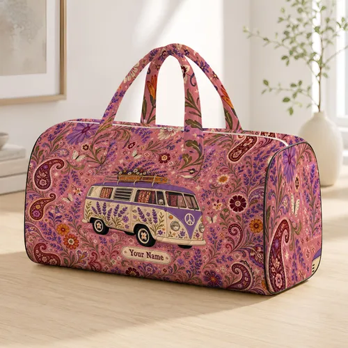Retro Hippie Camper Van With Lavender Florals For Boho Road Trips And Festival Women Quilted Weekend Bag