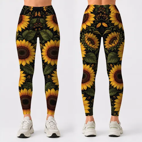 Golden Sunflower Botanical On Charcoal For Yoga Studio, Gym, And Summer Athleisure Leggings