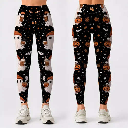 Kawaii Ghosts With Pumpkins And Bats For Halloween Parties And Cozy Fall Outfits Leggings