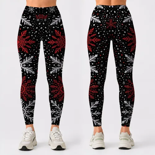 Retro Red White Snowflakes On Matte Black For Holiday Winter Streetwear Wardrobe Leggings