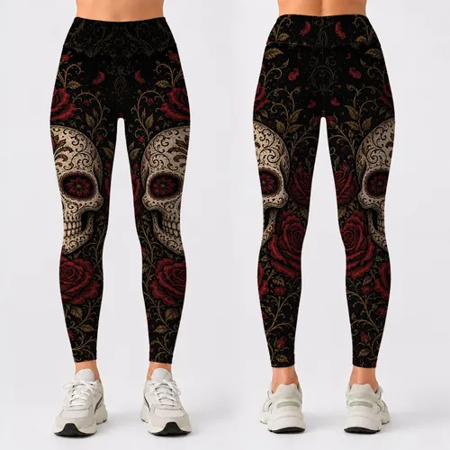 Gothic Sugar Skull Roses With Crimson Vines For Music Festivals And Dark Romance Leggings