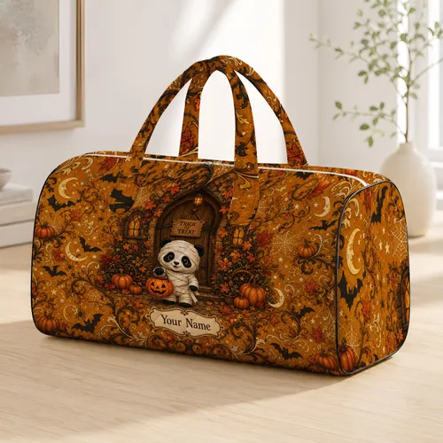 Mummy Panda With Pumpkin Pail For Halloween Trick Or Treat Autumn Cottage Style Gift Quilted Weekend Bag