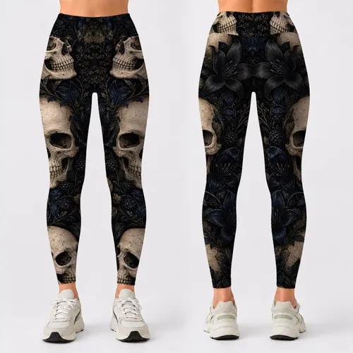 Gothic Botanical Skulls With Midnight Foliage For Dark Feminine Lounge Style Wear Leggings