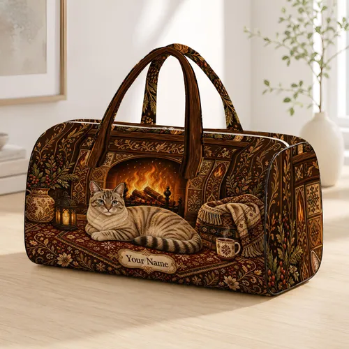 Cozy Tabby Cat By Fireplace With Hearth Rug For Winter Travel And Holiday Gifts For Her Quilted Weekend Bag