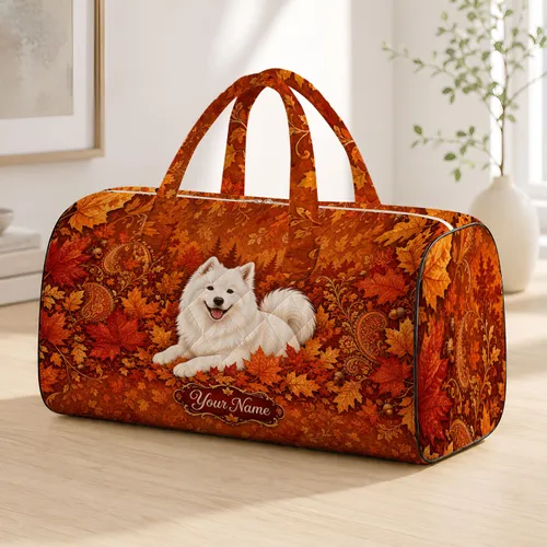 Samoyed Dog In Autumn Leaves With Cream Name Plaque For Thanksgiving Travel Gift Quilted Weekend Bag
