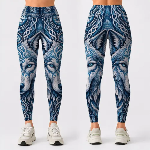 Icy Blue Wolf Guardian Totem With Tribal Knotwork For Arctic Festival Style Outfits Leggings