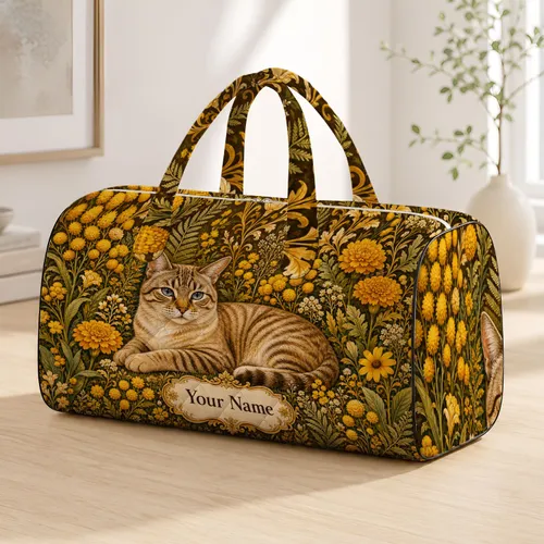 Light Beige Brown Tabby Cat In Golden Wildflowers For Cottagecore Travel Gift Quilted Weekend Bag