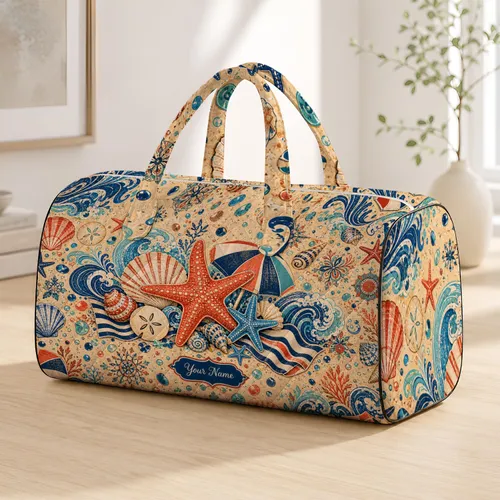 Coral Starfish Seashell Ocean Waves Summer Beach Vacation Coastal Monogram Gift Quilted Weekend Bag