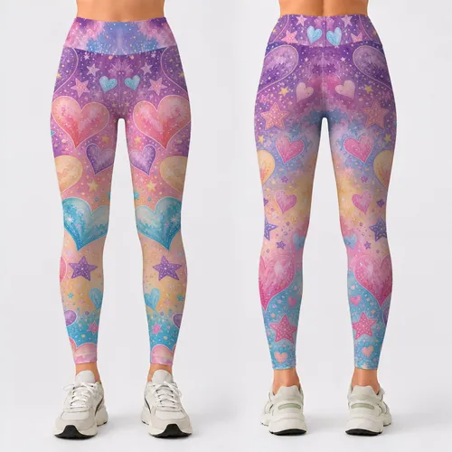 Pastel Tie Dye Hearts And Stars Soft Cosmic Style For Yoga Gym Running Festival Women Leggings