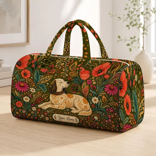 Vintage Boho Hound In Wildflower Meadow Cottagecore Floral For Road Trips Dog Lovers Quilted Weekend Bag