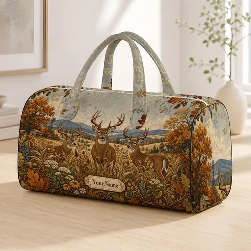 White Tailed Bucks In Autumn Prairie Countryside Heritage Travel Style For Lodge Lovers Quilted Weekend Bag