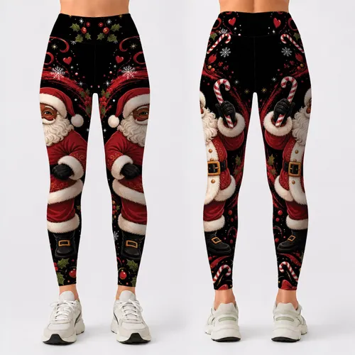 Centered Santa With Candy Cane And Crimson Wreath For Cozy Christmas Holiday Style Leggings