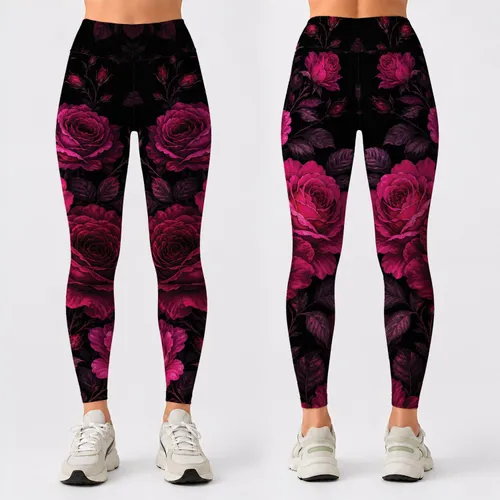 Black Fuchsia Rose Floral Western Vacation Style Romantic Cowgirl Festival Outfit Leggings