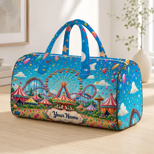 Ferris Wheel Carnival Scene Summer Vacation Theme Park Fun With Name Plaque For Travelers Quilted Weekend Bag