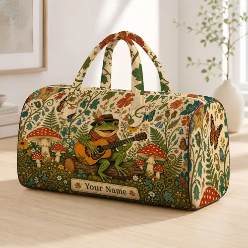 Frog Playing Guitar With Mushrooms And Wildflowers For Cottagecore Travel Fans Gift Quilted Weekend Bag
