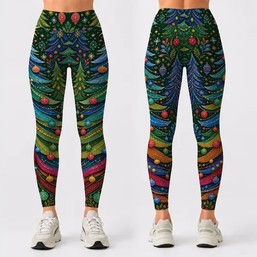 Jeweled Christmas Forest With Folk Art Fir For Festive Holiday Outfits And Winter Parties Leggings