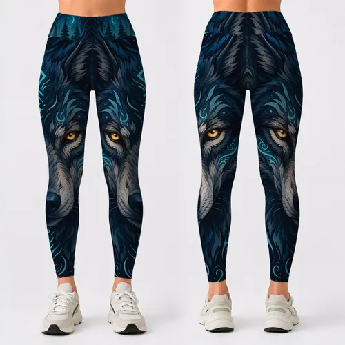 Mythic Wolf Face With Cyan Runes For Fantasy Gym Yoga Festival Streetwear Style Fans Leggings