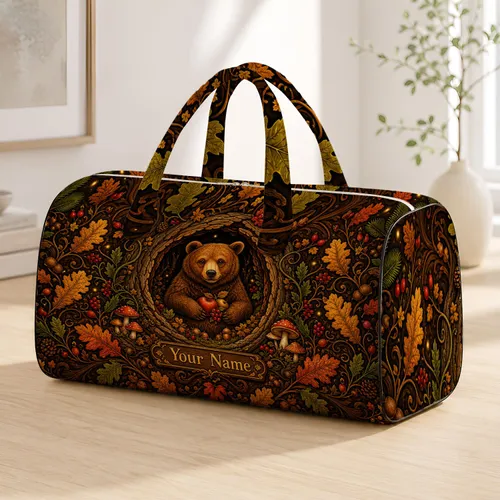 Enchanted Woodland Bear In Tree Hollow Autumn Folk Art Travel Gift For Nature Lovers Quilted Weekend Bag