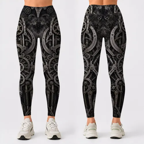 Monochrome Steampunk Gear Machinery Gothic Industrial Festival Streetwear For Women Leggings