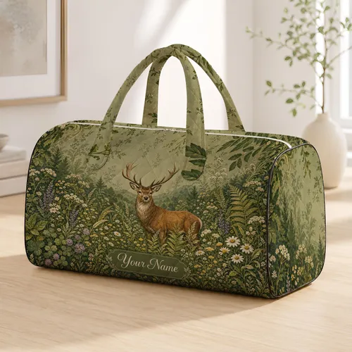 Matcha Sage Woodland Stag And Wildflowers For Rustic Travel Getaways Nature Lovers Quilted Weekend Bag