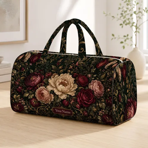 Dark Botanical Rose And Peony Florals For Vintage Luxury Travel Style Gifts For Women Quilted Weekend Bag