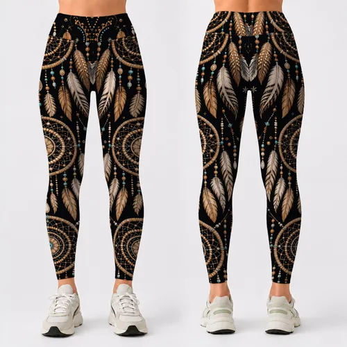 Boho Dreamcatcher Medallions On Black For Southwestern Festival Yoga Style Lovers Leggings