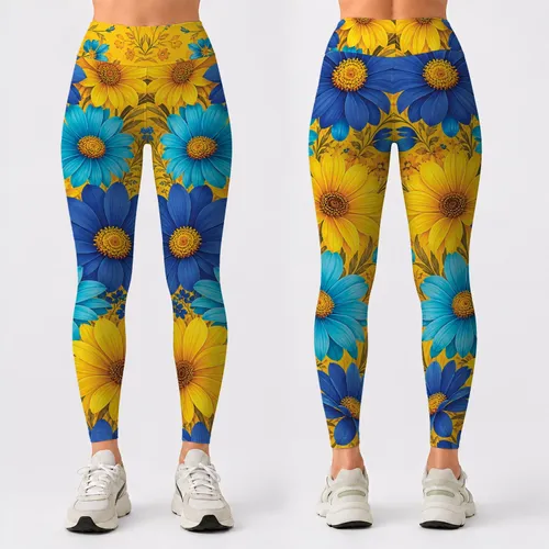 Oversized Blue Daisy Florals On Golden Yellow For Tropical Resort Vacation Style Leggings