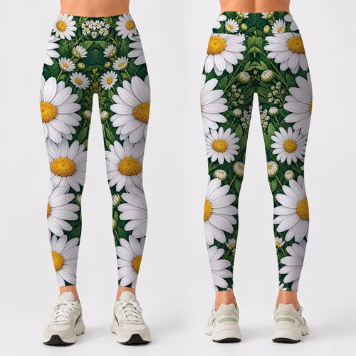 White Daisy Garden Florals With Green Leaves For Spring Casual Outfits And Yoga Style Leggings