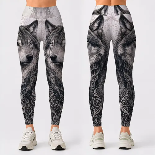 Monochrome Gray Wolf Head With Nordic Knotwork For Viking Boho Festival And Yoga Women Leggings
