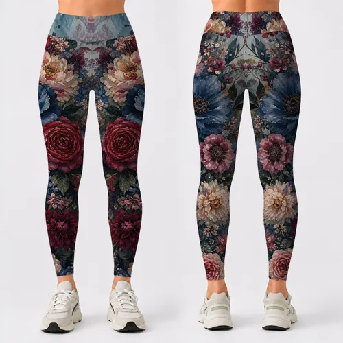 Moody Vintage Floral Cascade In Washed Indigo Teal For Studio Yoga And Lounge Style Leggings
