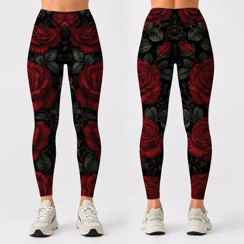 Crimson Rose And Dark Sage Botanical Velvet Black Gothic Romance Evening Style For Women Leggings