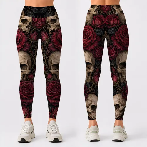 Gothic Skull And Crimson Rose Dark Floral For Alternative Festival Streetwear Women Leggings