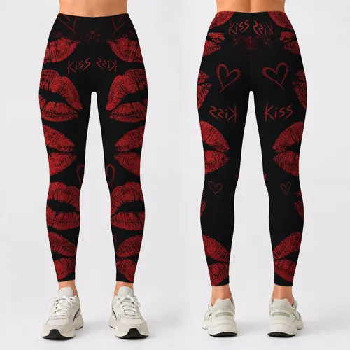 Crimson Lipstick Kiss Marks On Dark Charcoal For Nightlife Romance And Edgy Style Leggings