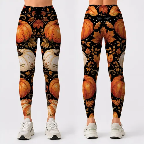 Autumn Pumpkins Maple Leaves And Tiny Bats For Cozy Halloween Fall Style For Women Leggings