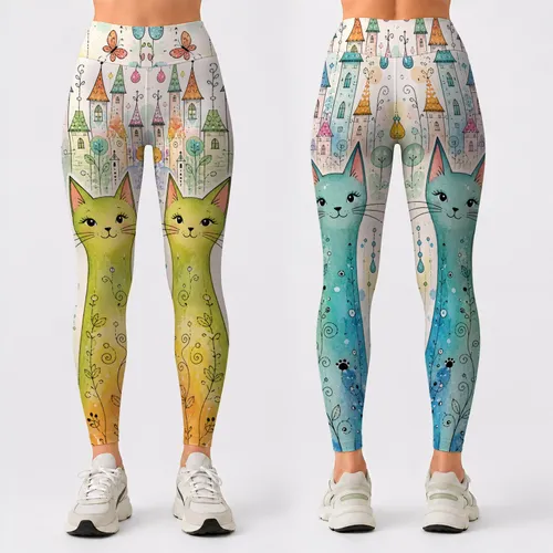 Whimsical Tall Cats With Puppy Faces And Bugs For Pastel Fairytale Festival Style Leggings