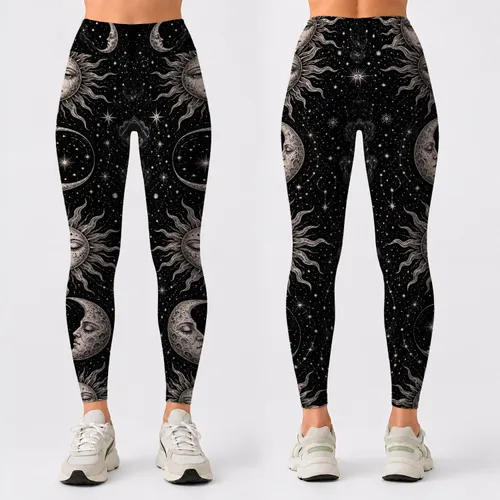 Gothic Celestial Moon And Sun Stars For Yoga Festival Boho Witchy Night Sky Style Leggings