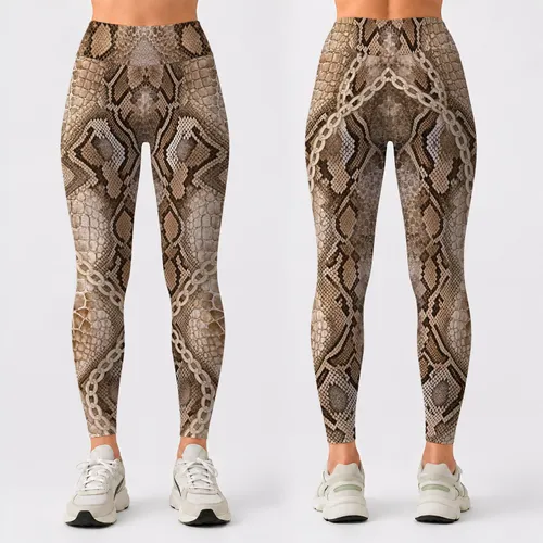 Neutral Reptile Scales With Ivory Chain Accents For Luxe Spring Fall Streetwear Style Leggings
