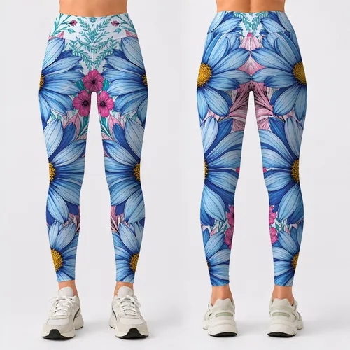 Blue Daisy Tropical Garden Florals On Pale Aqua For Yoga Gym Pilates Active Women Leggings