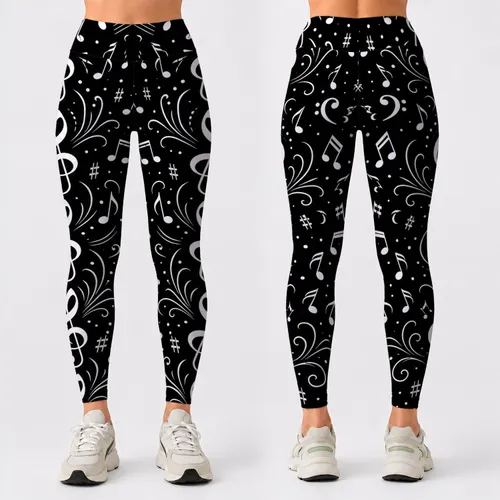 Monochrome Music Notes And Treble Clefs For Concert Nights And Chic Studio Style Leggings