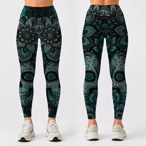 Gothic Botanical Sugar Skull With Teal Mandala Florals For Dark Spring Festival Wear Leggings