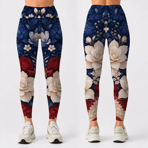 American Patriotic Floral Navy Crimson Gardenia Rose Anniversary Celebration Gift Women Leggings
