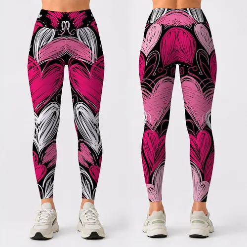 Hot Pink Scribble Hearts On Black For Valentine's Gym, Dance, And Streetwear Style Leggings