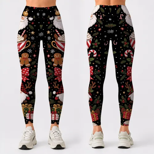Santa Cocoa Cup Gnome Christmas Totem On Black For Festive Holiday Outfits For Women Leggings