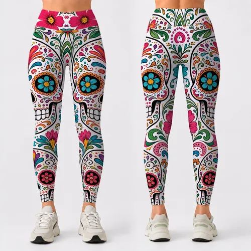 Día De Los Muertos Sugar Skull Florals For Yoga, Festivals, And Casual Streetwear Leggings