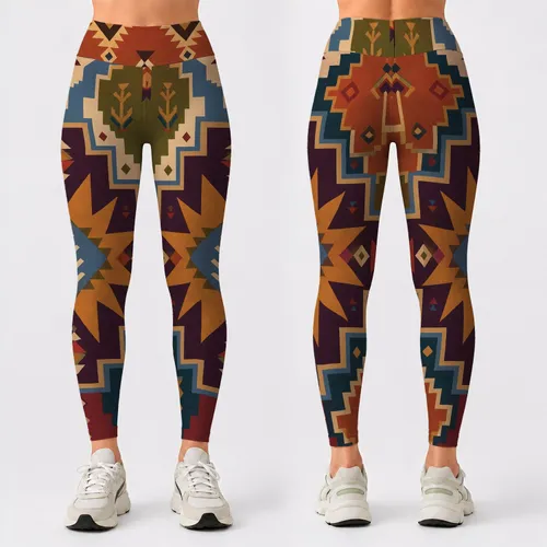 Southwestern Kilim Geometric Medallion Boho Autumn Yoga Festival Style For Women Leggings