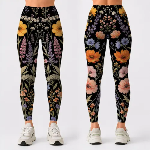 Black Watercolor Wildflower Botanical Bouquet For Boutique Yoga Travel Style Lovers Leggings