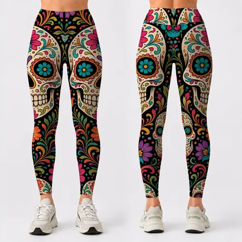 Día De Los Muertos Sugar Skulls And Folk Flowers For Fiesta Festival Outfit Style Leggings